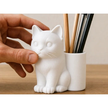 3D Baskı Kedi Figürlü Kalemlik - Masaüstü Organizer - Beyaz