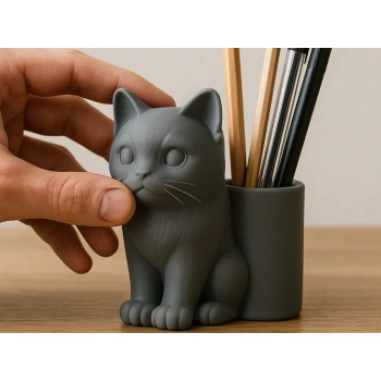 3D Baskı Kedi Figürlü Kalemlik - Masaüstü Organizer - Gri