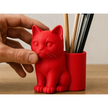 3D Baskı Kedi Figürlü Kalemlik - Masaüstü Organizer - Kırmızı