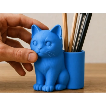 3D Baskı Kedi Figürlü Kalemlik - Masaüstü Organizer - Mavi