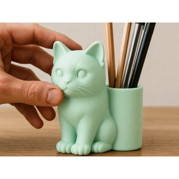 3D Baskı Kedi Figürlü Kalemlik - Masaüstü Organizer - Mint