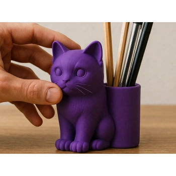 3D Baskı Kedi Figürlü Kalemlik - Masaüstü Organizer - Mor
