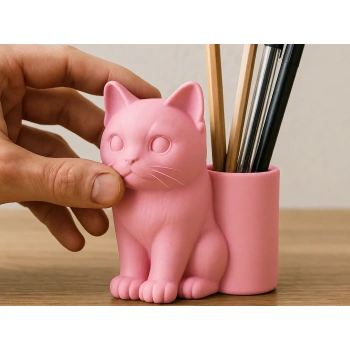3D Baskı Kedi Figürlü Kalemlik - Masaüstü Organizer - Pembe