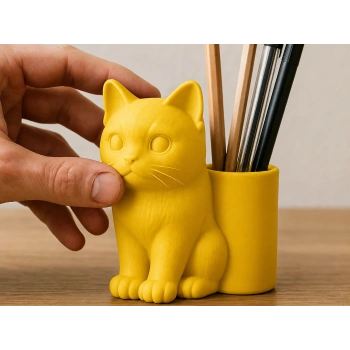 3D Baskı Kedi Figürlü Kalemlik - Masaüstü Organizer - Sarı