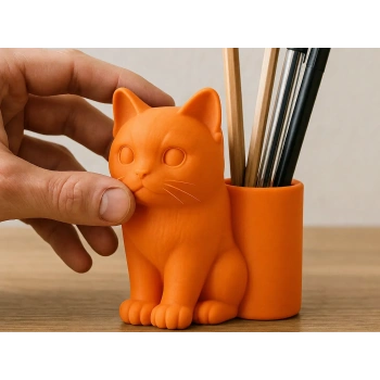 3D Baskı Kedi Figürlü Kalemlik - Masaüstü Organizer - Turuncu