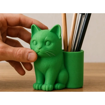 3D Baskı Kedi Figürlü Kalemlik - Masaüstü Organizer - Yeşil