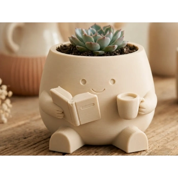 3D Baskı Kitap Okuyan Saksı - Kupa Tutan Sevimli Saksı-Bej