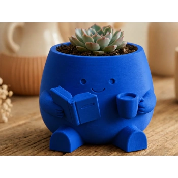 3D Baskı Kitap Okuyan Saksı - Kupa Tutan Sevimli Saksı-Mavi