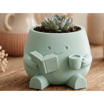 3D Baskı Kitap Okuyan Saksı - Kupa Tutan Sevimli Saksı-Mint