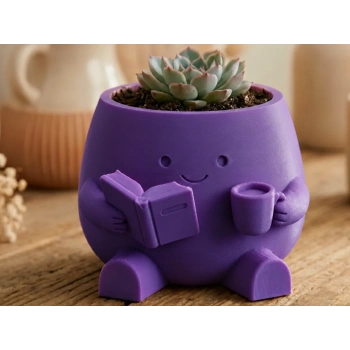3D Baskı Kitap Okuyan Saksı - Kupa Tutan Sevimli Saksı-Mor