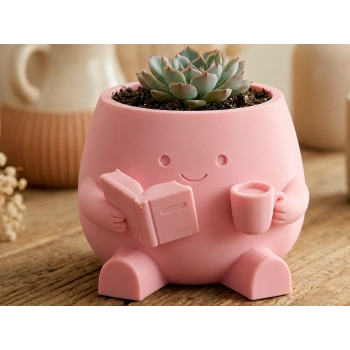 3D Baskı Kitap Okuyan Saksı - Kupa Tutan Sevimli Saksı-Pembe