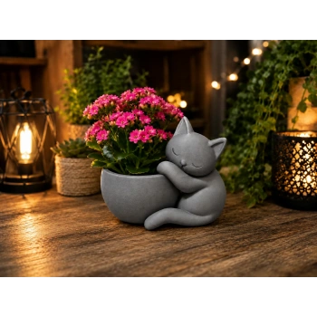 3D Baskı Sarılan Kedi Saksı - Sevimli Dekoratif Saksı - Gri
