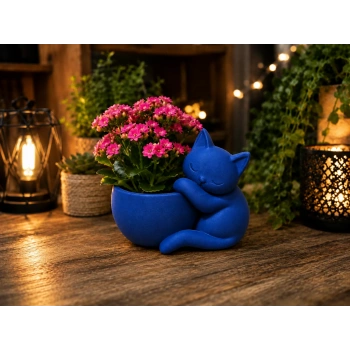3D Baskı Sarılan Kedi Saksı - Sevimli Dekoratif Saksı - Mavi