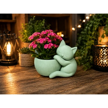3D Baskı Sarılan Kedi Saksı - Sevimli Dekoratif Saksı - Mint