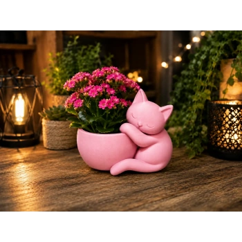 3D Baskı Sarılan Kedi Saksı - Sevimli Dekoratif Saksı - Pembe
