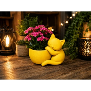 3D Baskı Sarılan Kedi Saksı - Sevimli Dekoratif Saksı - Sarı