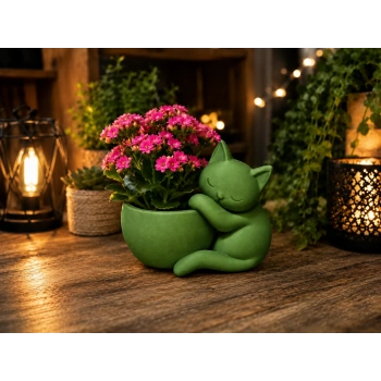 3D Baskı Sarılan Kedi Saksı - Sevimli Dekoratif Saksı - Yeşil
