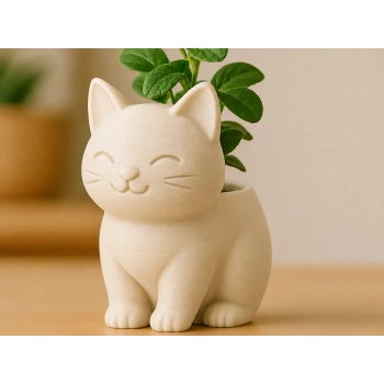 3D Baskı Sevimli Kedi Saksı - Figürlü Sukulent Saksısı-Bej