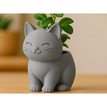 3D Baskı Sevimli Kedi Saksı - Figürlü Sukulent Saksısı-Gri