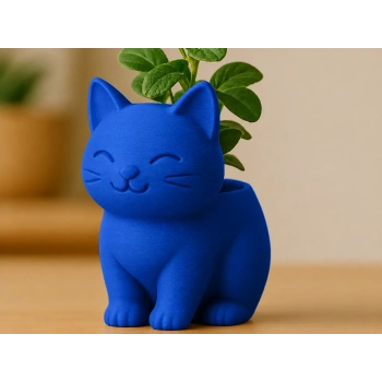 3D Baskı Sevimli Kedi Saksı - Figürlü Sukulent Saksısı-Mavi