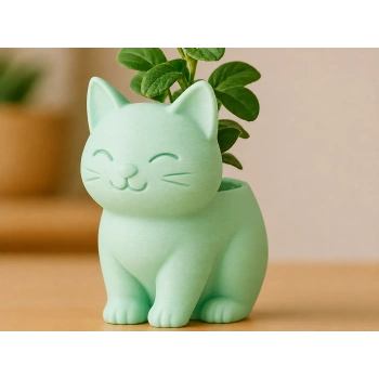 3D Baskı Sevimli Kedi Saksı - Figürlü Sukulent Saksısı-Mint