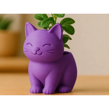 3D Baskı Sevimli Kedi Saksı - Figürlü Sukulent Saksısı-Mor