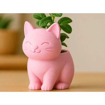 3D Baskı Sevimli Kedi Saksı - Figürlü Sukulent Saksısı-Pembe