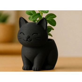 3D Baskı Sevimli Kedi Saksı - Figürlü Sukulent Saksısı-Siyah