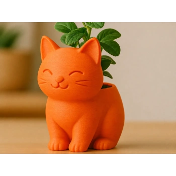 3D Baskı Sevimli Kedi Saksı - Figürlü Sukulent Saksısı-Turuncu
