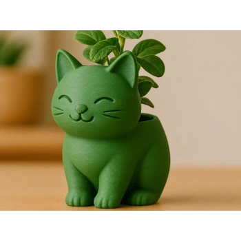 3D Baskı Sevimli Kedi Saksı - Figürlü Sukulent Saksısı-Yeşil