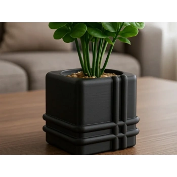 3D Baskı Square Planter - Izgara Desenli Küp Saksı-Siyah