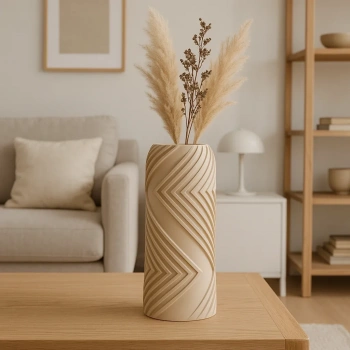 3D Baskı Vector Vazo - Geometrik Çizgili Dekoratif Vazo-Bej