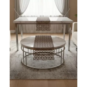 5 Parça Kahverengi Angles Model Dantel Masa Örtüsü Runner Seti Salon Takımı