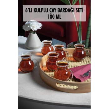6lı Keyfi Ala Borosilikat Cam Kulplu Çay Bardağı