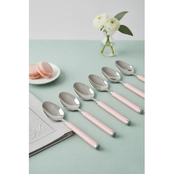 6?lı Paslanmaz Çelik Tatlı Kaşığı Seti Somon Pembe Saplı 15 cm
