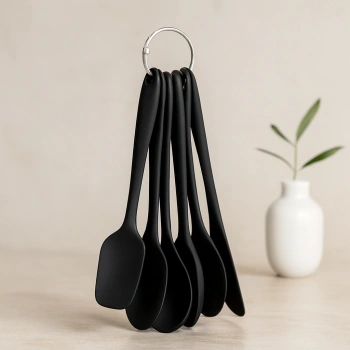 6 Parça Siyah Silikon Mutfak Seti (2 Kaşık, 3 Spatula, Yumurta Fırça)