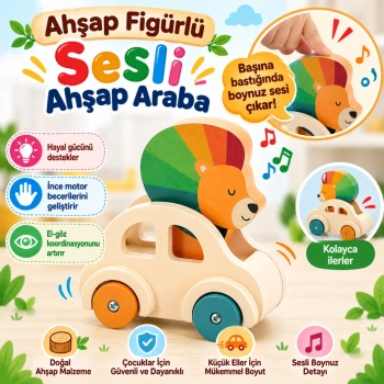 Ahşap Figürlü Sesli Ahşap Araba