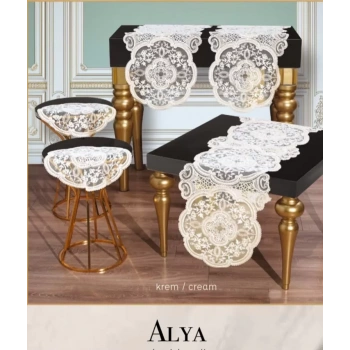 Alya Model Krem 5 Parça Dantelli Salon Takımı Masa Örtüsü Runner Seti