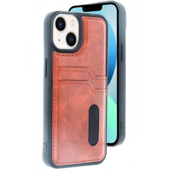 Apple iPhone 15 Uyumlu Sara Kartvizitli Deri Kılıf - Taba