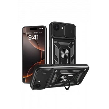 Apple iPhone 16E Uyumlu Kılıf Pars Lens Yüzüklü Silikon - Siyah