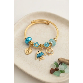 Balık Charmlı Mavi Renk Gold Bileklik