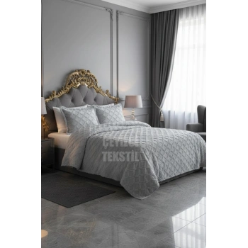 Çift Kişilik Yatak Örtüsü Gri 3 Parça Yatak Örtüsü Bedspread