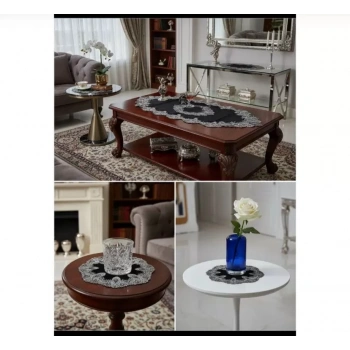 Elora Model Siyah Velvet Kadife 5 Parça Dantelli Salon Takımı Runner Seti