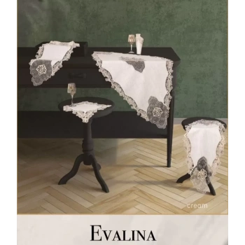 Evalina Krem-Krem Model 5 Parça Keten Dantelli Masa Örtüsü Seti Salon Takımı