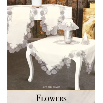 Flowers Model Krem 5 Parça Keten Dantelli Runner Seti Lüks Salon Takımı
