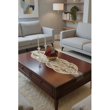 Fransız Dantel Detaylı Tek Runner, Masa Üzerine Runner, Masa Örtüsü Runneri