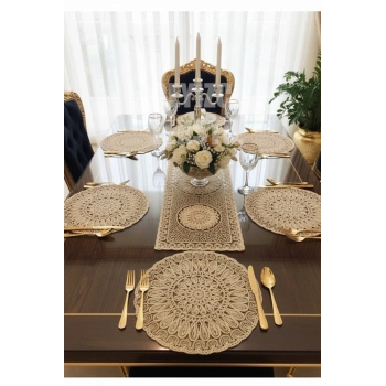 Fransız Dantelli Runner Ve Supla Takımı (1 Runner, 6 Supla) Kahve