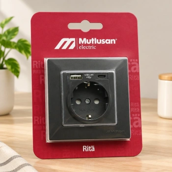 Füme Topraklı Priz USB ve Type-C Girişli Çerçeveli