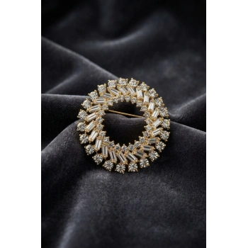 Gold Renk Zirkon Taşlı Halka Model Broş