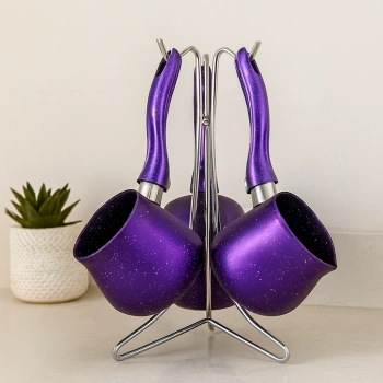 Granit Çelik Cezve Seti 4lü (230/280/380 ml) Metal Standlı